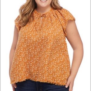 True Craft Frayed Hem Flutter Sleeve Top Speckled Floral Print Warm Orange 2X